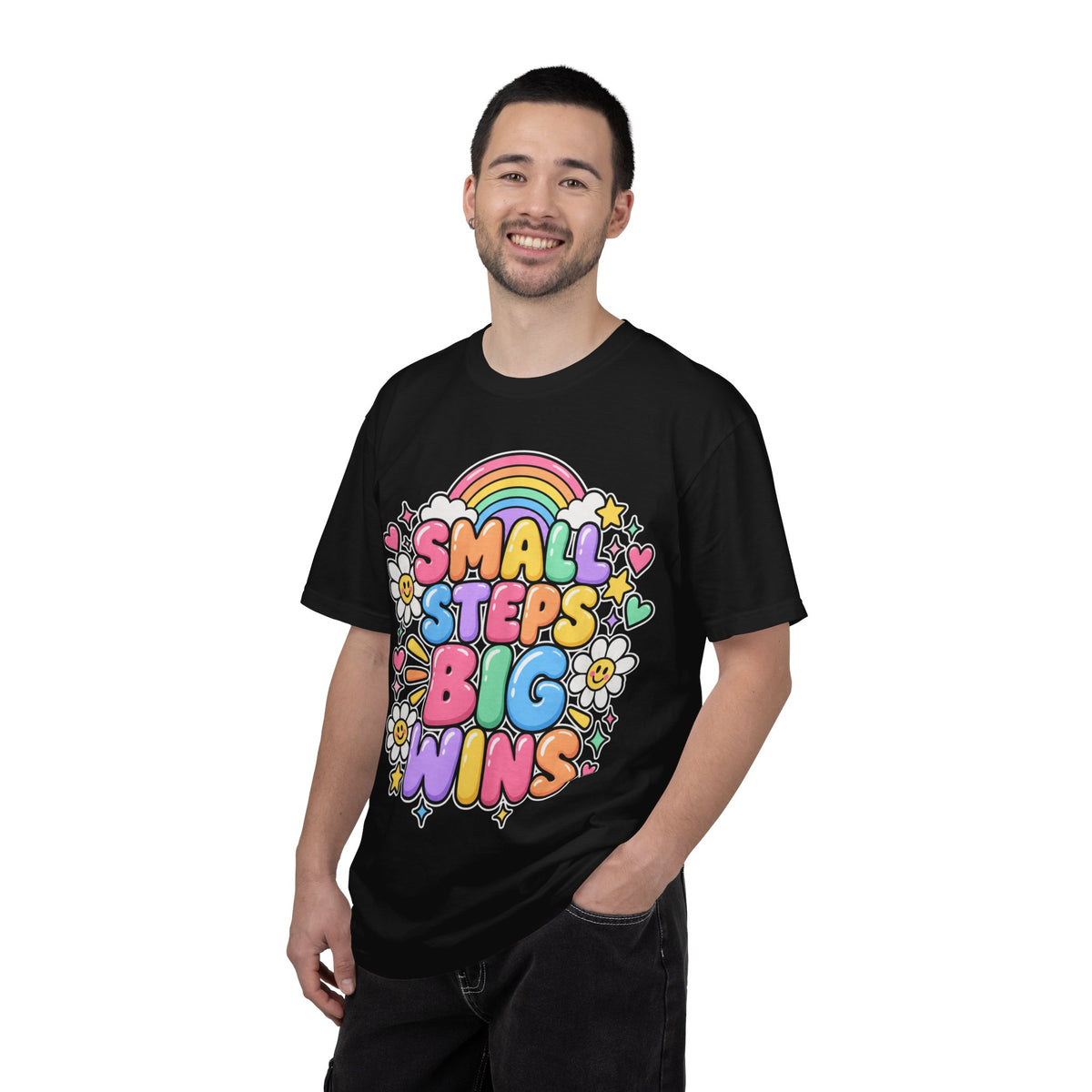 Small Steps Big Wins T-shirt | Retro Rainbow Positive Graphic