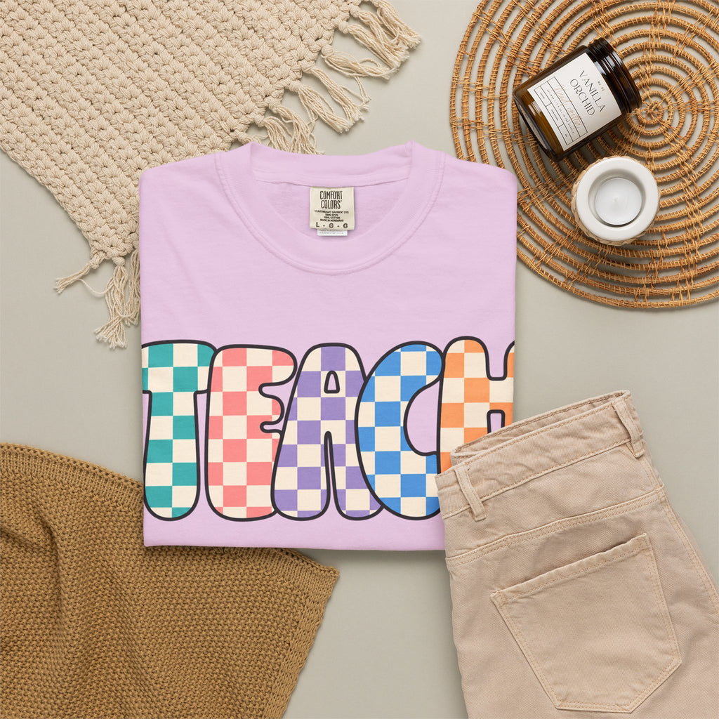 Teach Bubble Letters Checkerboard T-Shirt | Colorful Retro School Tee