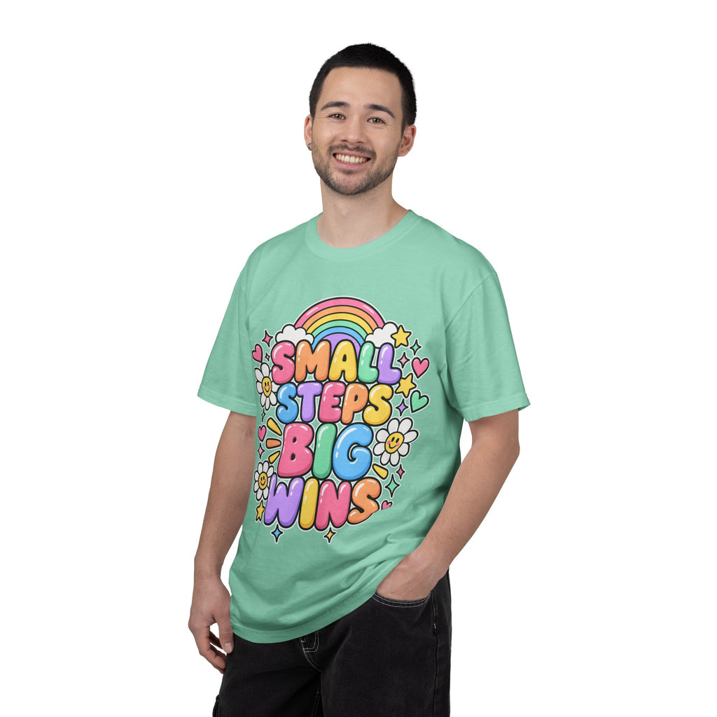 Small Steps Big Wins T-shirt | Retro Rainbow Positive Graphic