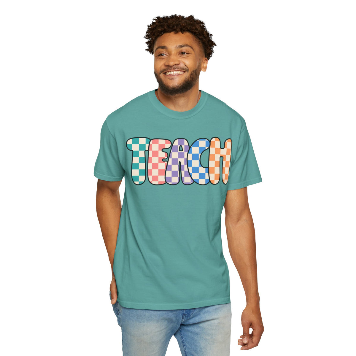 Teach Bubble Letters Checkerboard T-Shirt | Colorful Retro School Tee