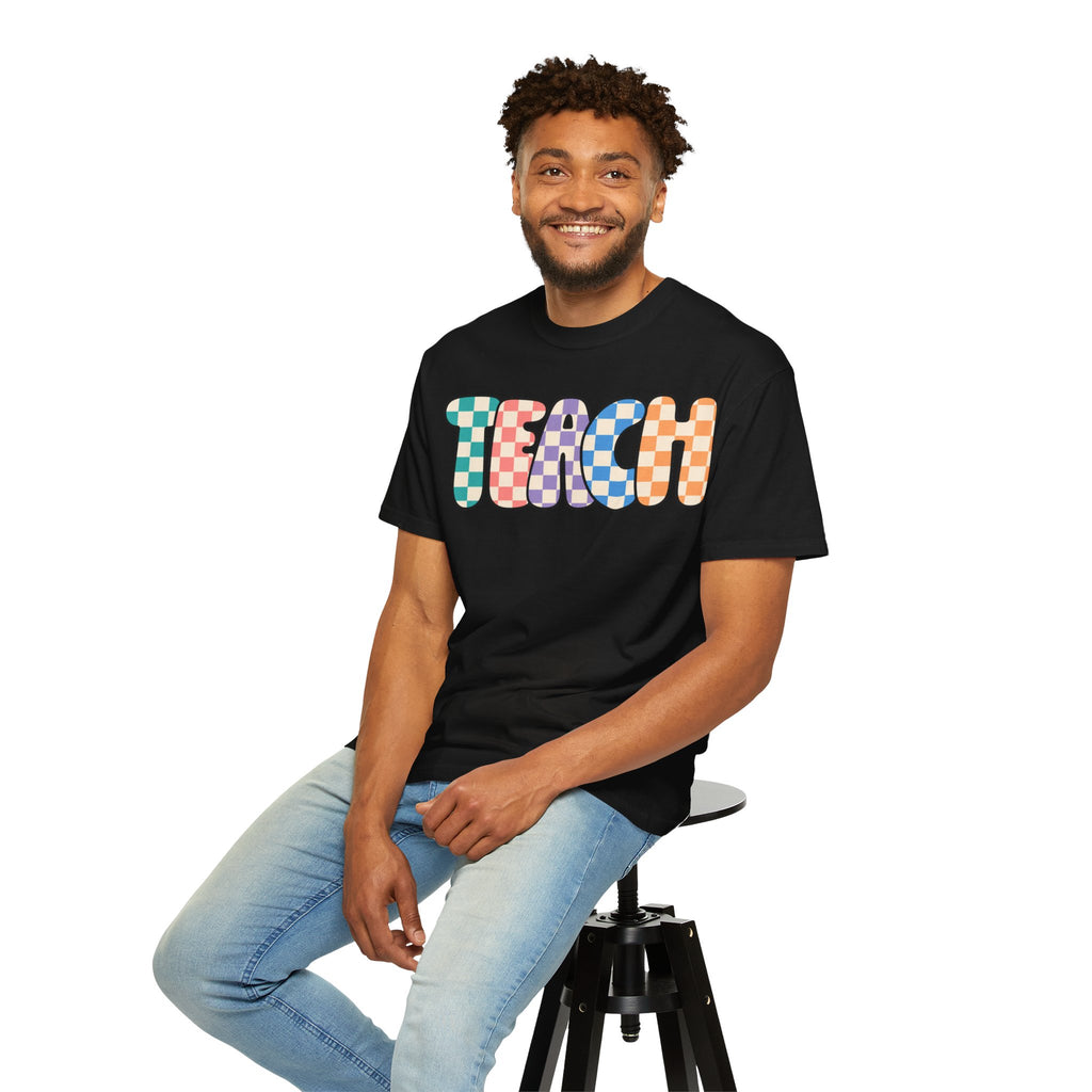 Teach Bubble Letters Checkerboard T-Shirt | Colorful Retro School Tee