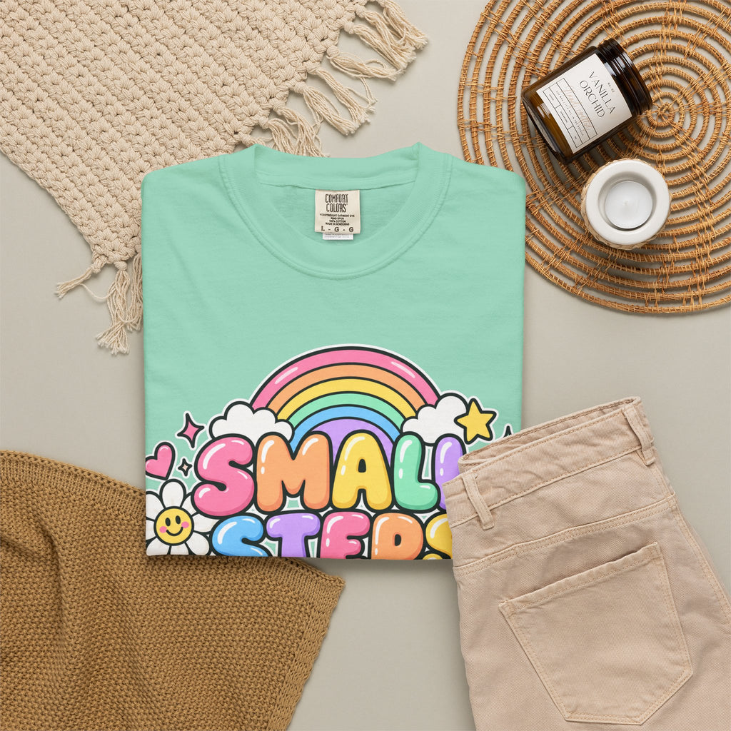 Small Steps Big Wins T-shirt | Retro Rainbow Positive Graphic