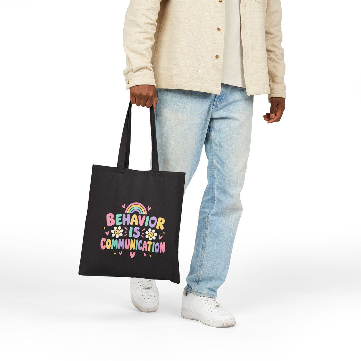 Behavior Is Communication Tote Bag | Rainbow Floral Illustration