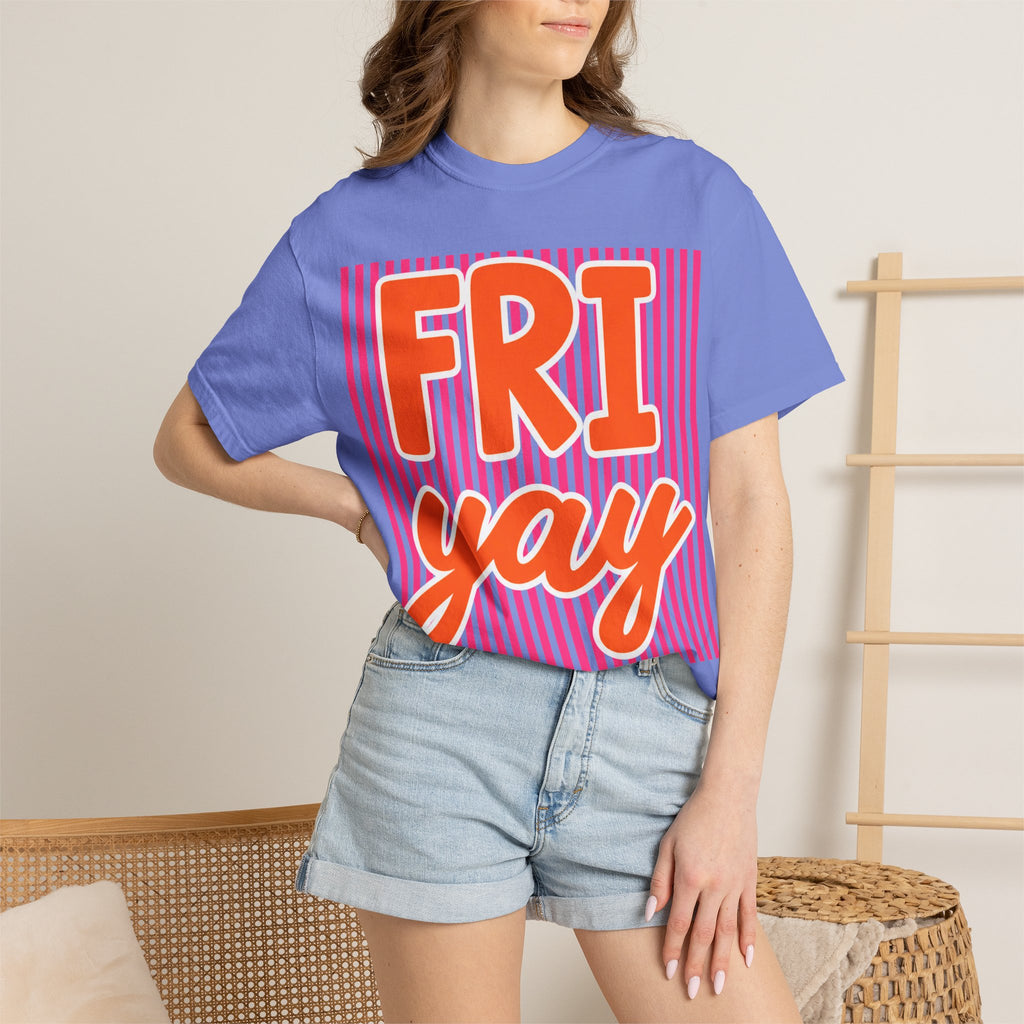 FRI yay T-shirt | Bright Retro Text, Pink Stripes