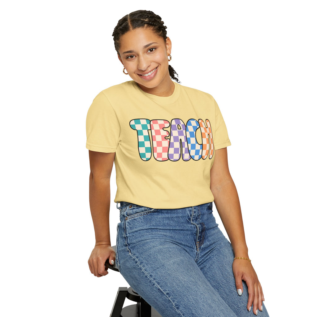 Teach Bubble Letters Checkerboard T-Shirt | Colorful Retro School Tee