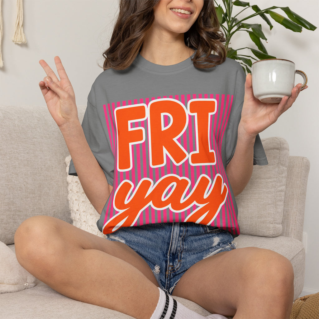 FRI yay T-shirt | Bright Retro Text, Pink Stripes