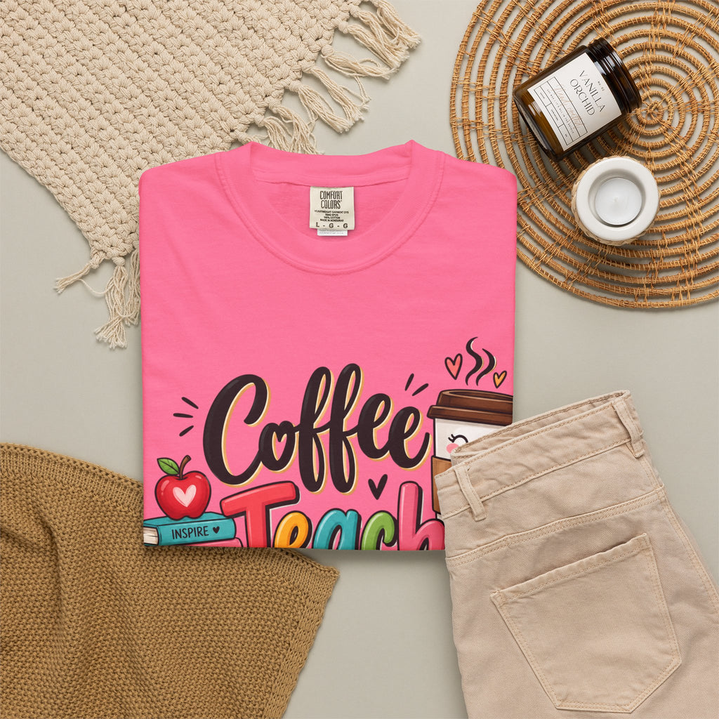 Coffee Teach Repeat T-shirt | Teacher Coffee Book Stack Pencil Mug Design