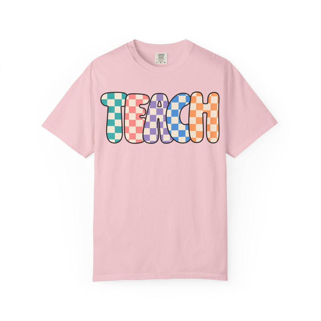 Teach Bubble Letters Checkerboard T-Shirt | Colorful Retro School Tee