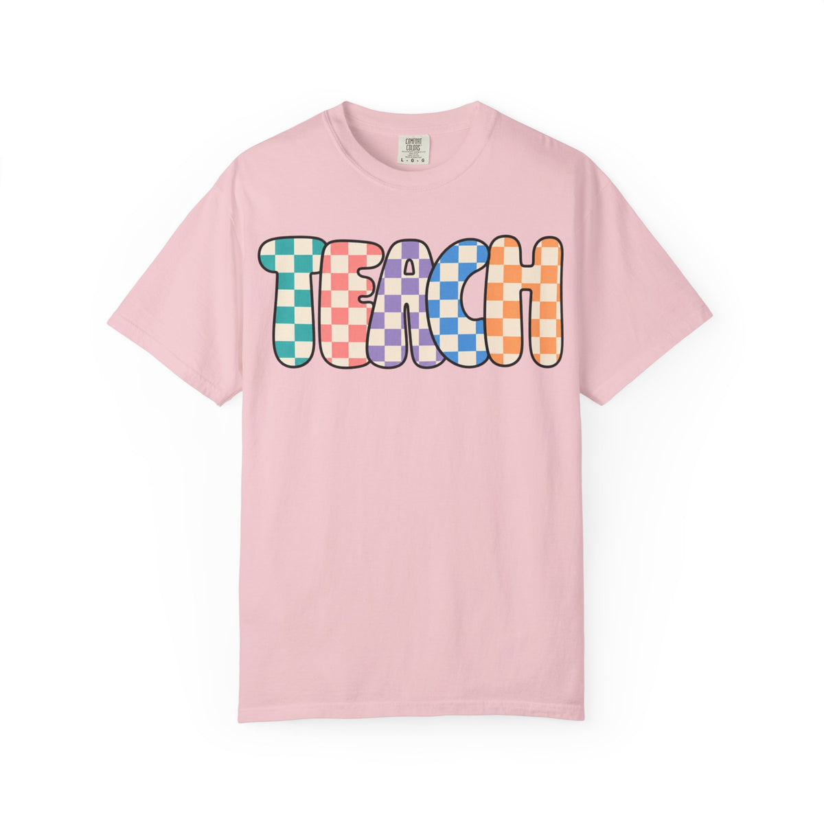 Teach Bubble Letters Checkerboard T-Shirt | Colorful Retro School Tee
