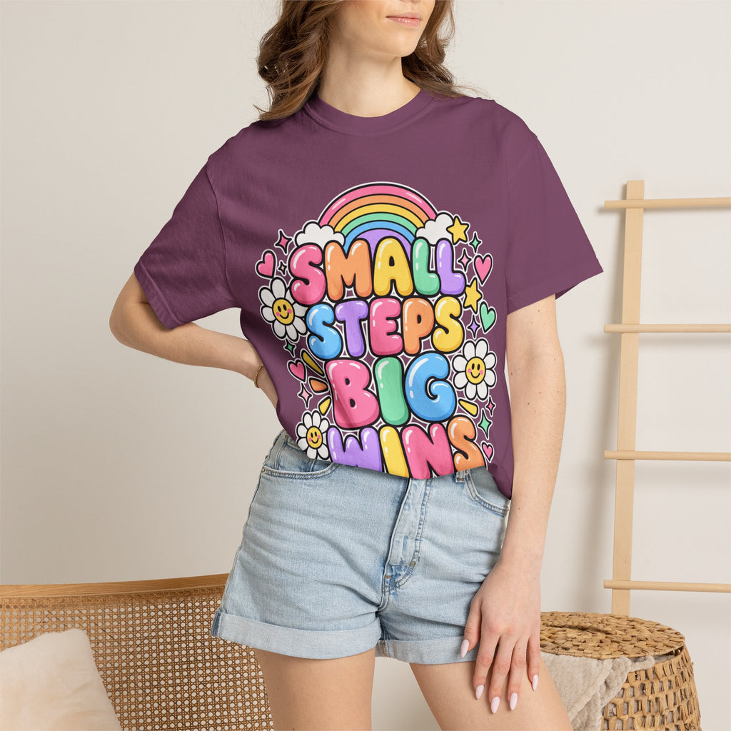 Small Steps Big Wins T-shirt | Retro Rainbow Positive Graphic