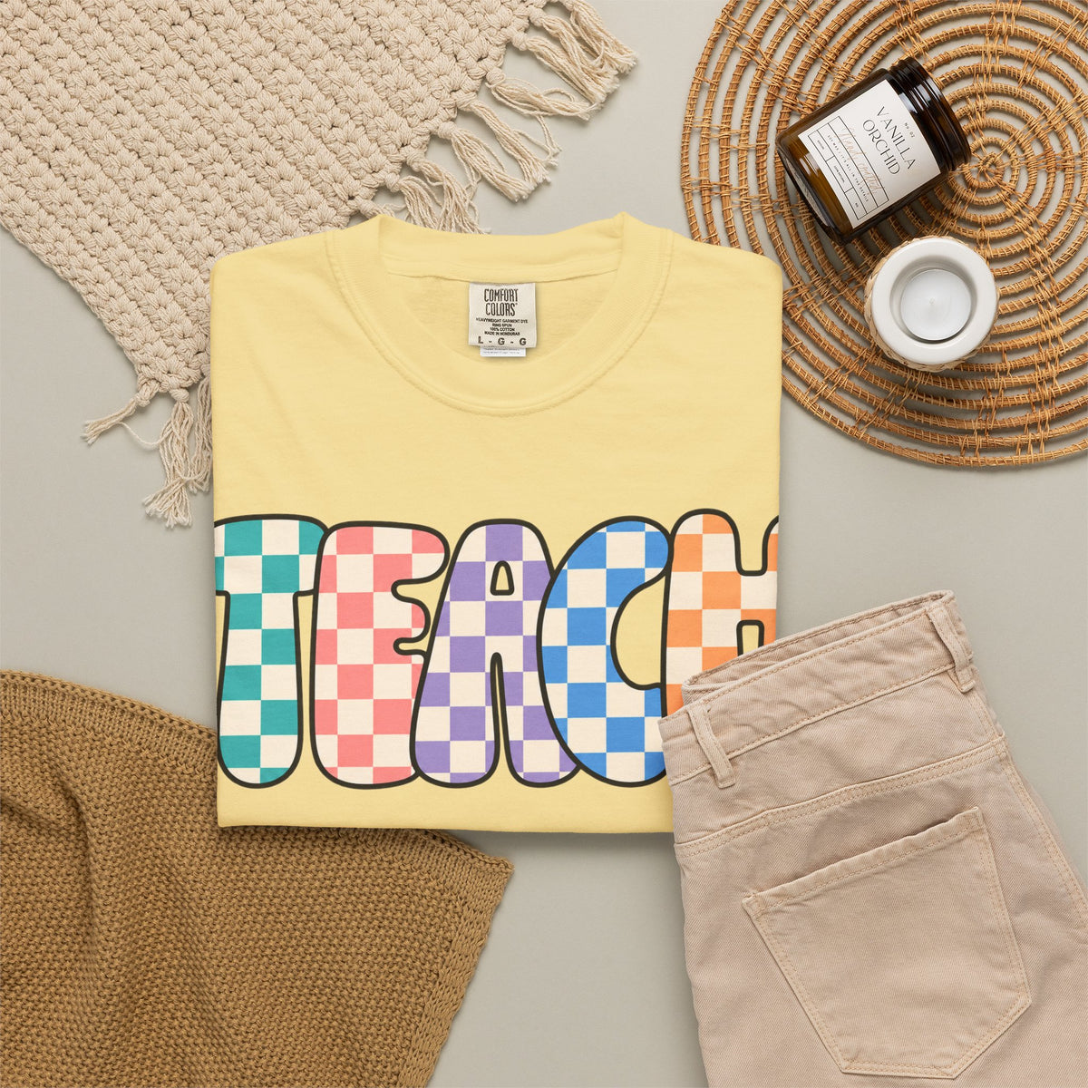 Teach Bubble Letters Checkerboard T-Shirt | Colorful Retro School Tee