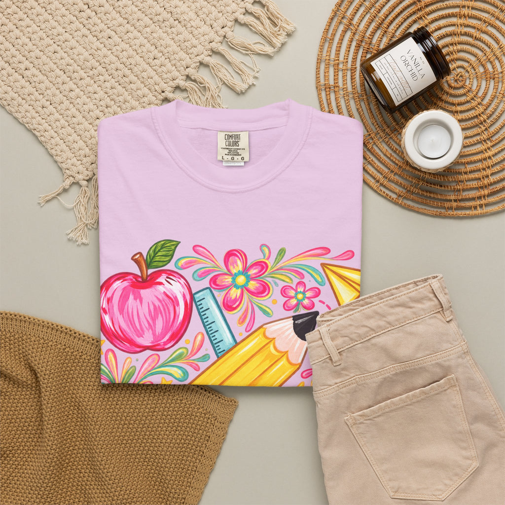 School Supplies Pencil Apple Floral T-shirt | Teacher Student Back to School