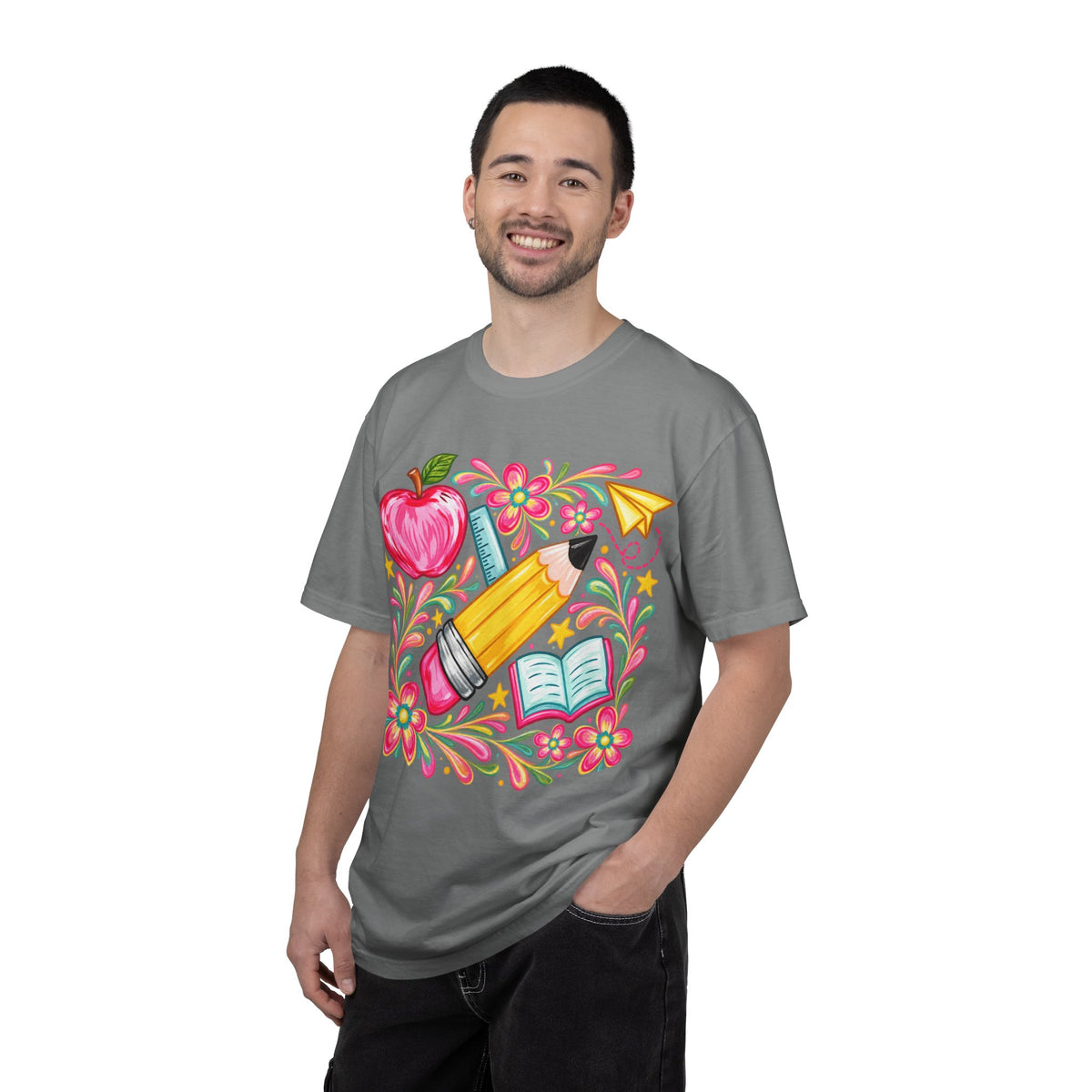 School Supplies Pencil Apple Floral T-shirt | Teacher Student Back to School