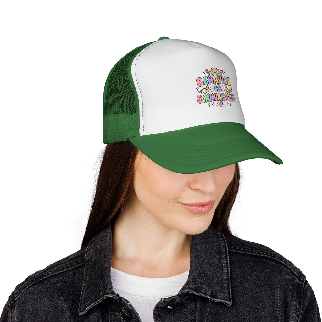 Behavior Is Communication Trucker Cap | Rainbow Floral Illustration