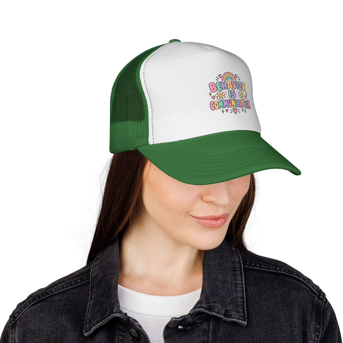 Behavior Is Communication Trucker Cap | Rainbow Floral Illustration