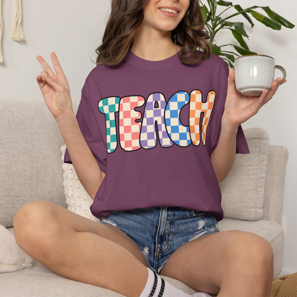 Teach Bubble Letters Checkerboard T-Shirt | Colorful Retro School Tee