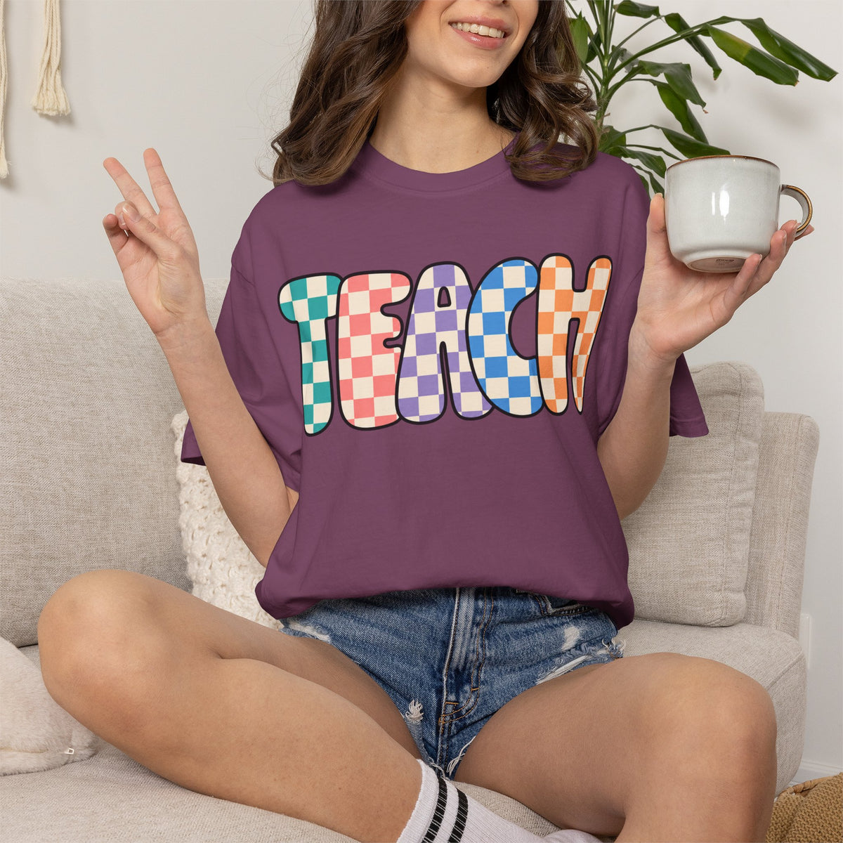 Teach Bubble Letters Checkerboard T-Shirt | Colorful Retro School Tee
