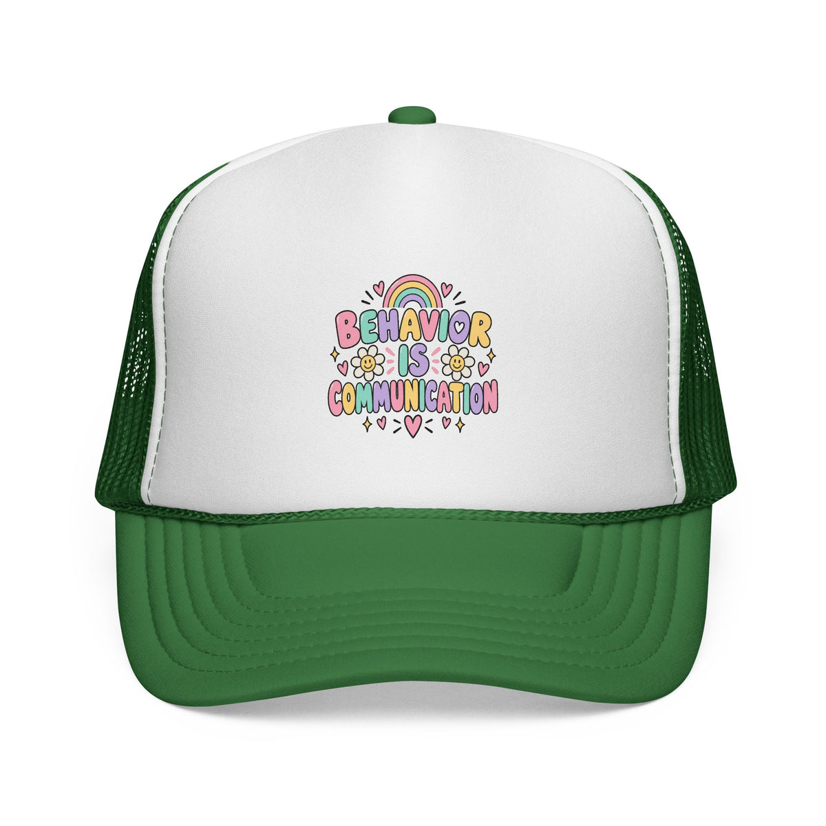 Behavior Is Communication Trucker Cap | Rainbow Floral Illustration