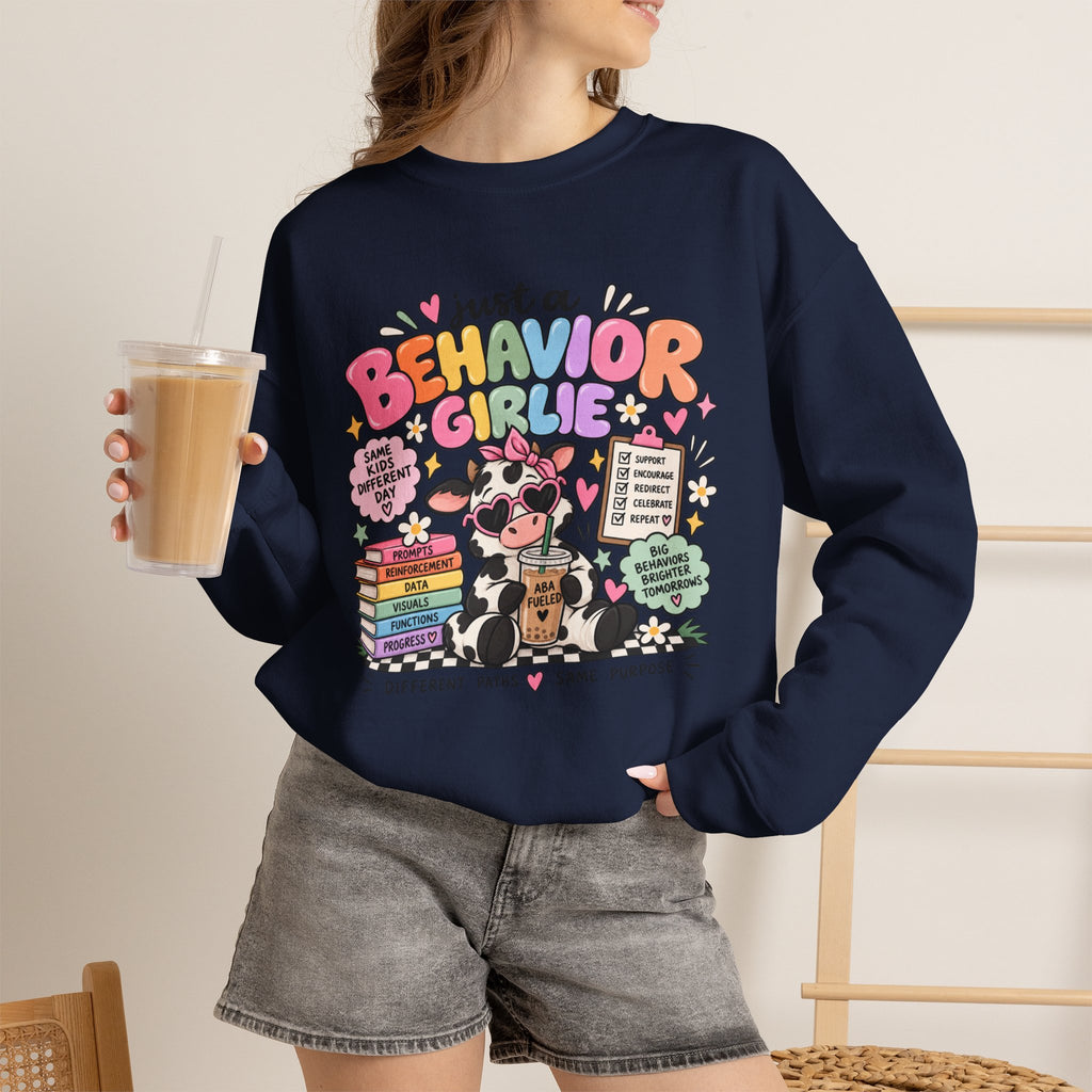 Just a Behavior Girl Crewneck Sweatshirt | Cute Cow Character, Books & Therapy Icons