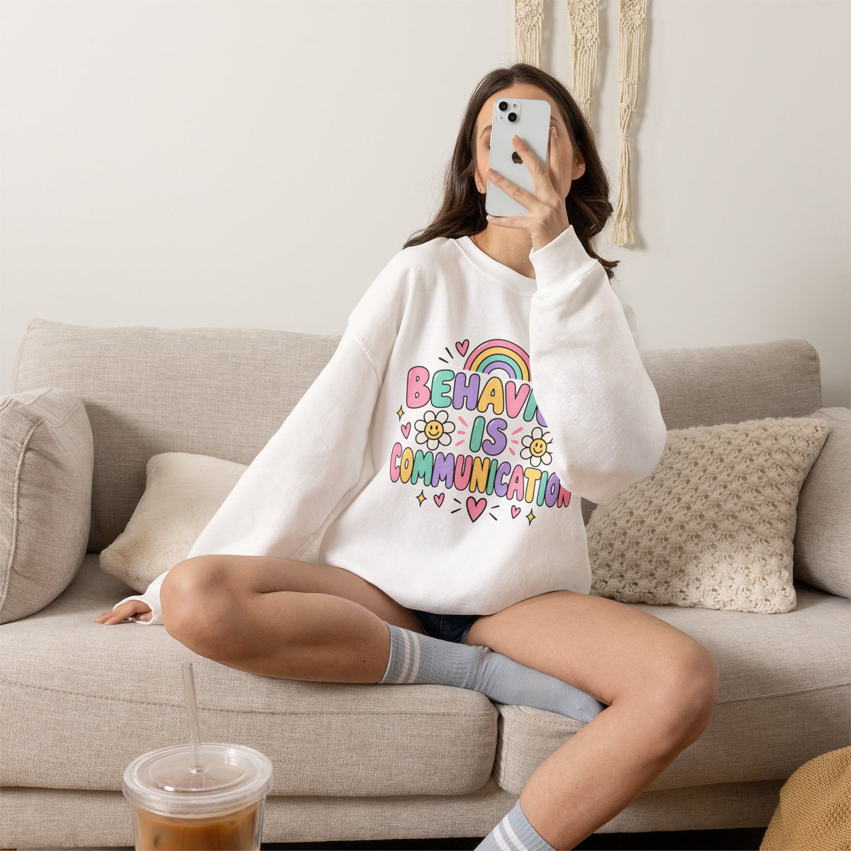 Behavior Is Communication Sweatshirt | Pastel Rainbow Floral Design