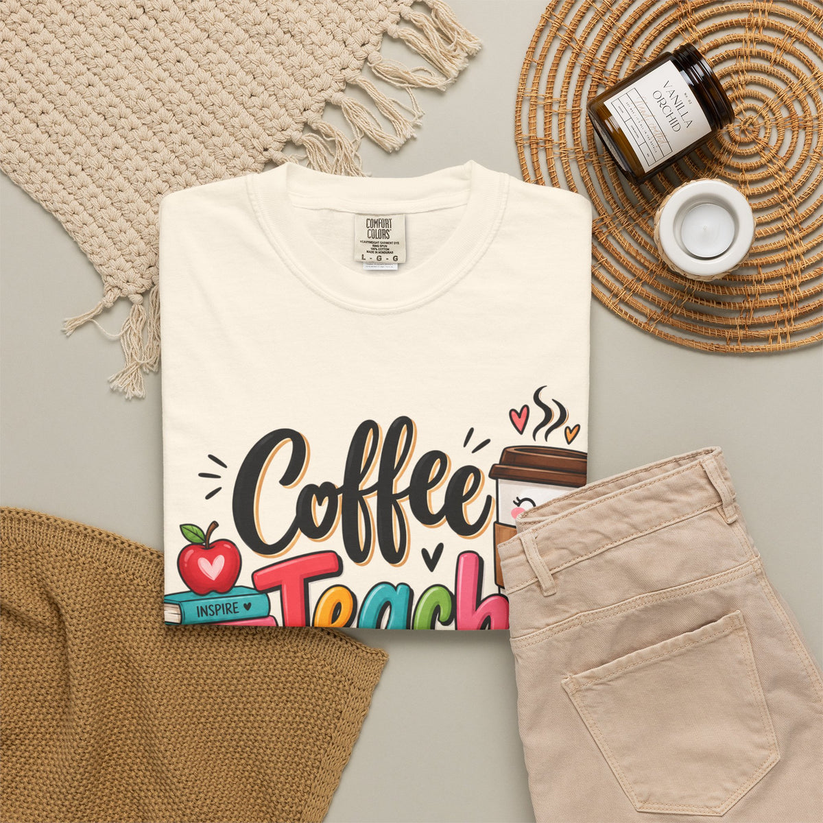 Coffee Teach Repeat T-shirt | Teacher Coffee Book Stack Pencil Mug Design