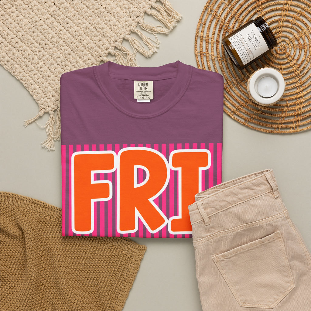 FRI yay T-shirt | Bright Retro Text, Pink Stripes