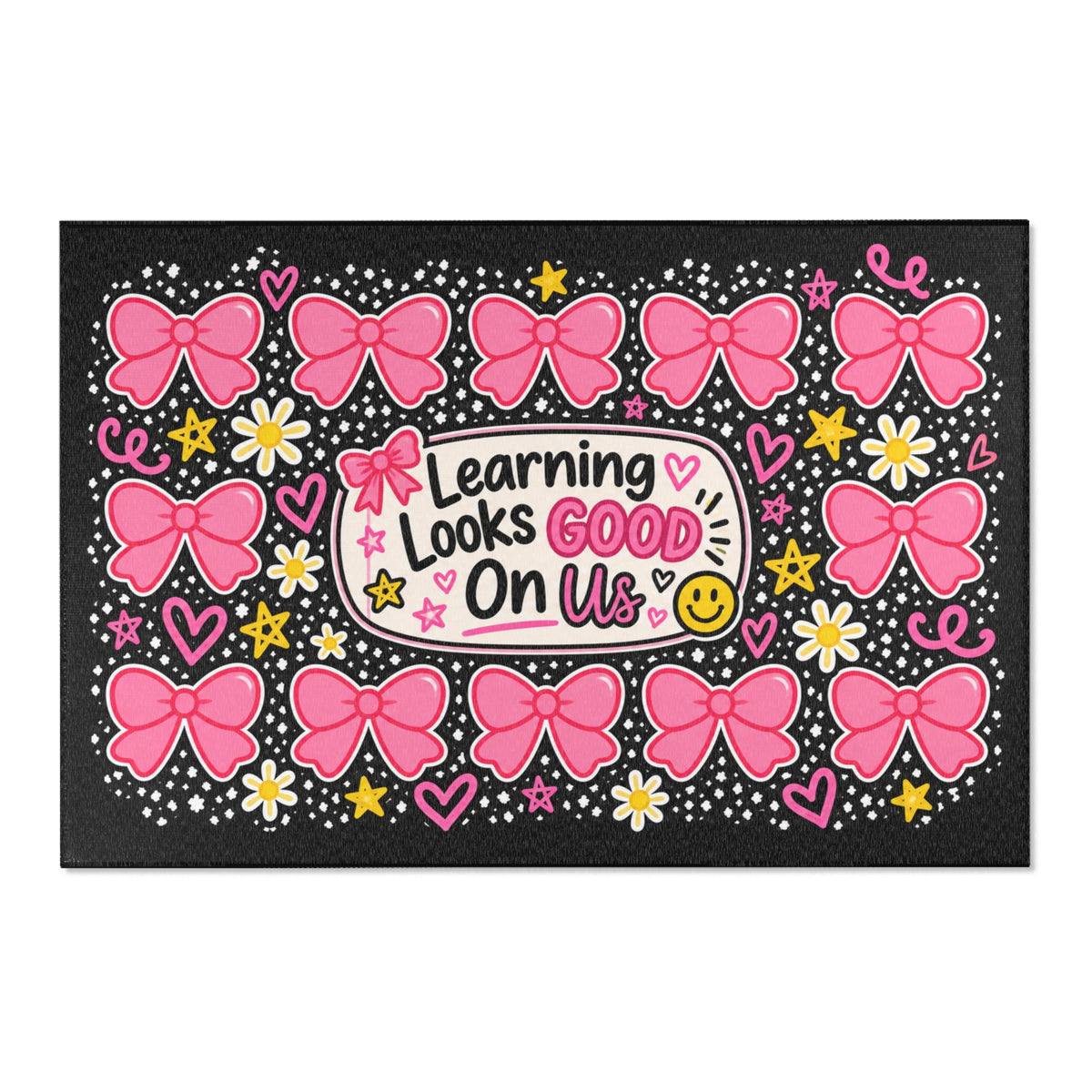 Learning Looks Good On Us Area Rug | Pink Bows, Stars, Classroom Decor