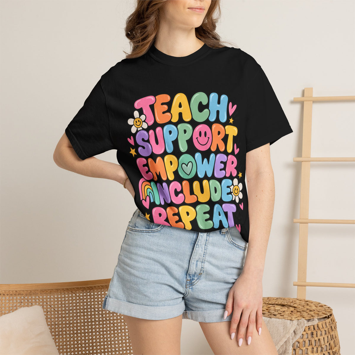 Teach Support Empower Include Repeat T-shirt | Rainbow Positivity Tee