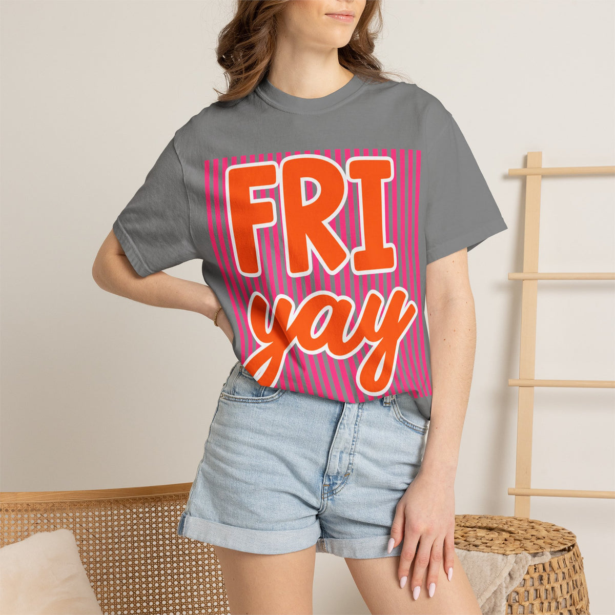 FRI yay T-shirt | Bright Retro Text, Pink Stripes