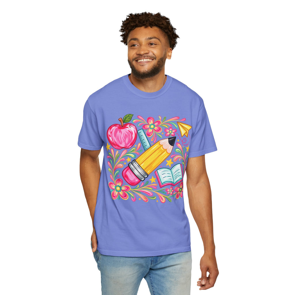 School Supplies Pencil Apple Floral T-shirt | Teacher Student Back to School