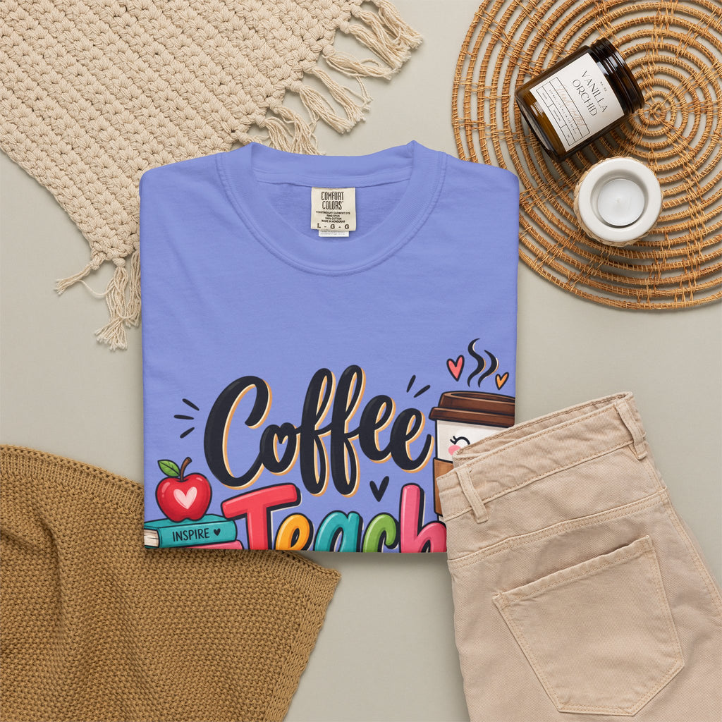 Coffee Teach Repeat T-shirt | Teacher Coffee Book Stack Pencil Mug Design