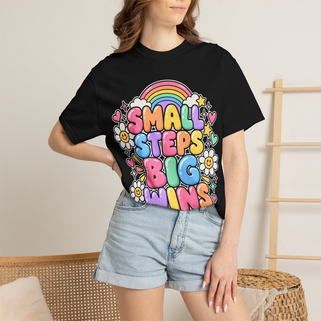 Small Steps Big Wins T-shirt | Retro Rainbow Positive Graphic