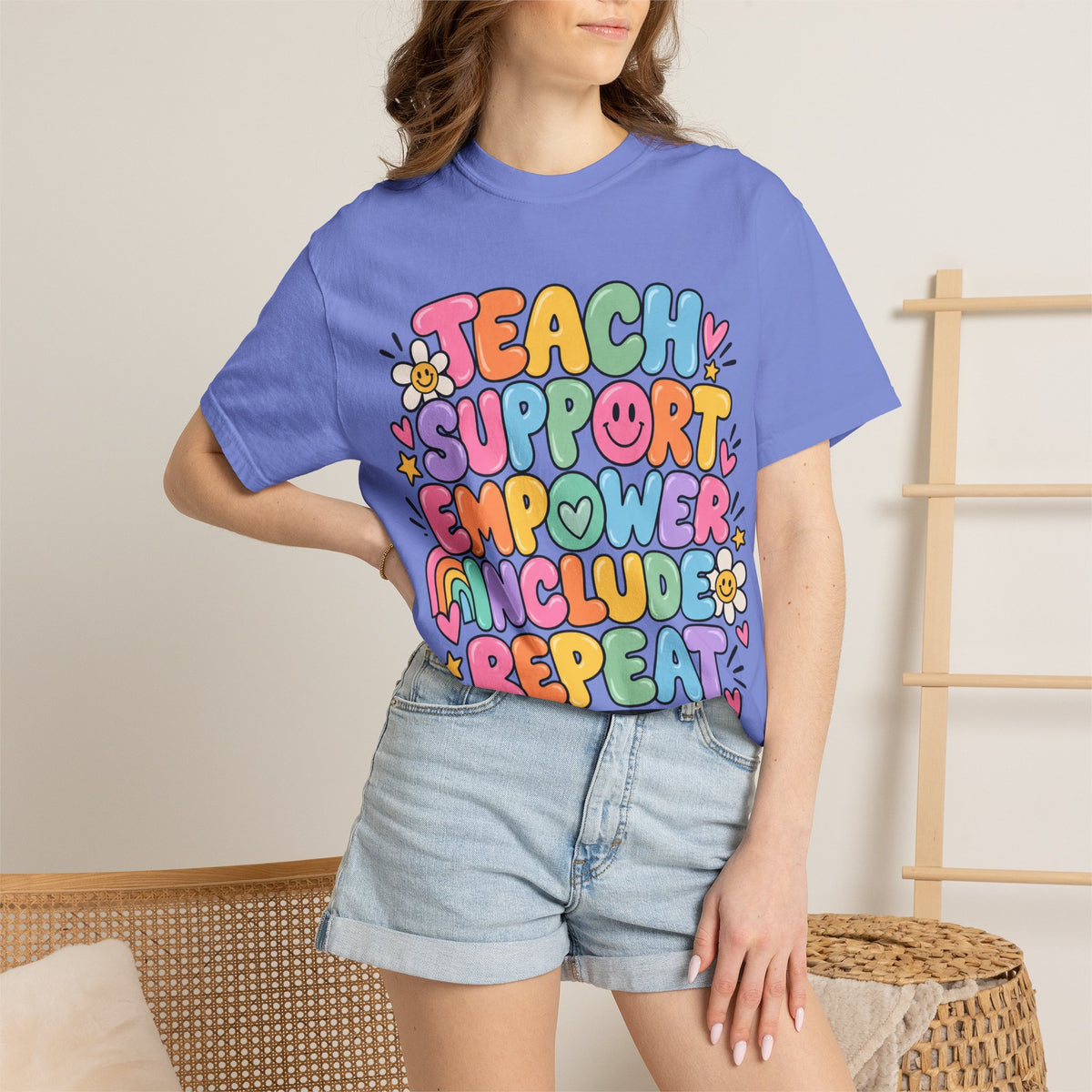 Teach Support Empower Include Repeat T-shirt | Rainbow Positivity Tee