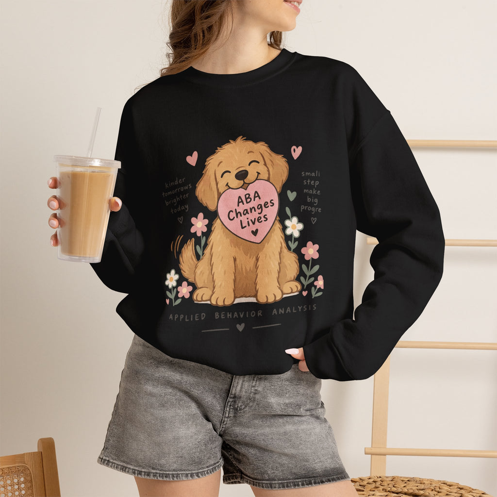 Cute Golden Retriever Holding Heart ABA Changes Lives sweatshirt | Applied Behavior Analysis dog design