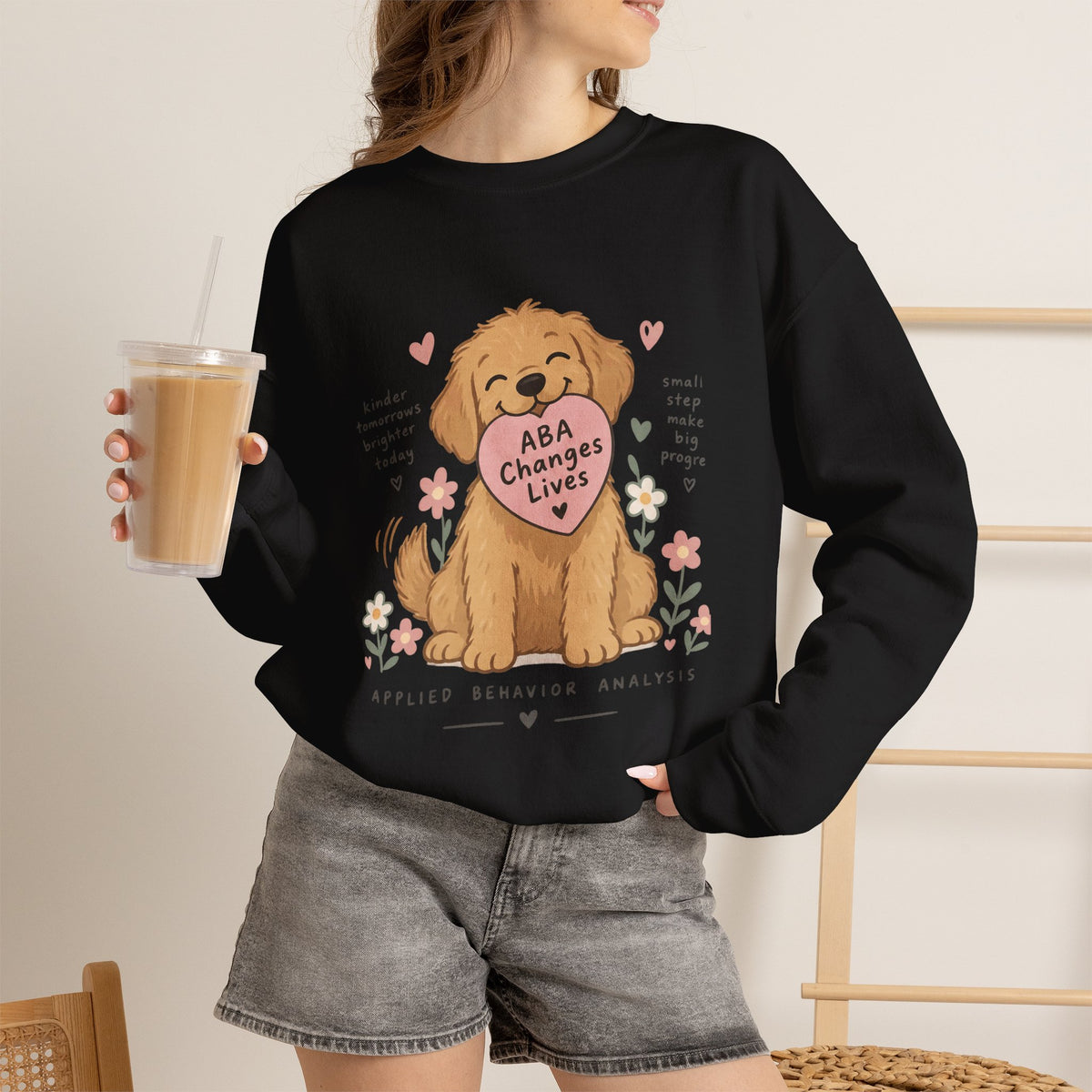Cute Golden Retriever Holding Heart ABA Changes Lives sweatshirt | Applied Behavior Analysis dog design