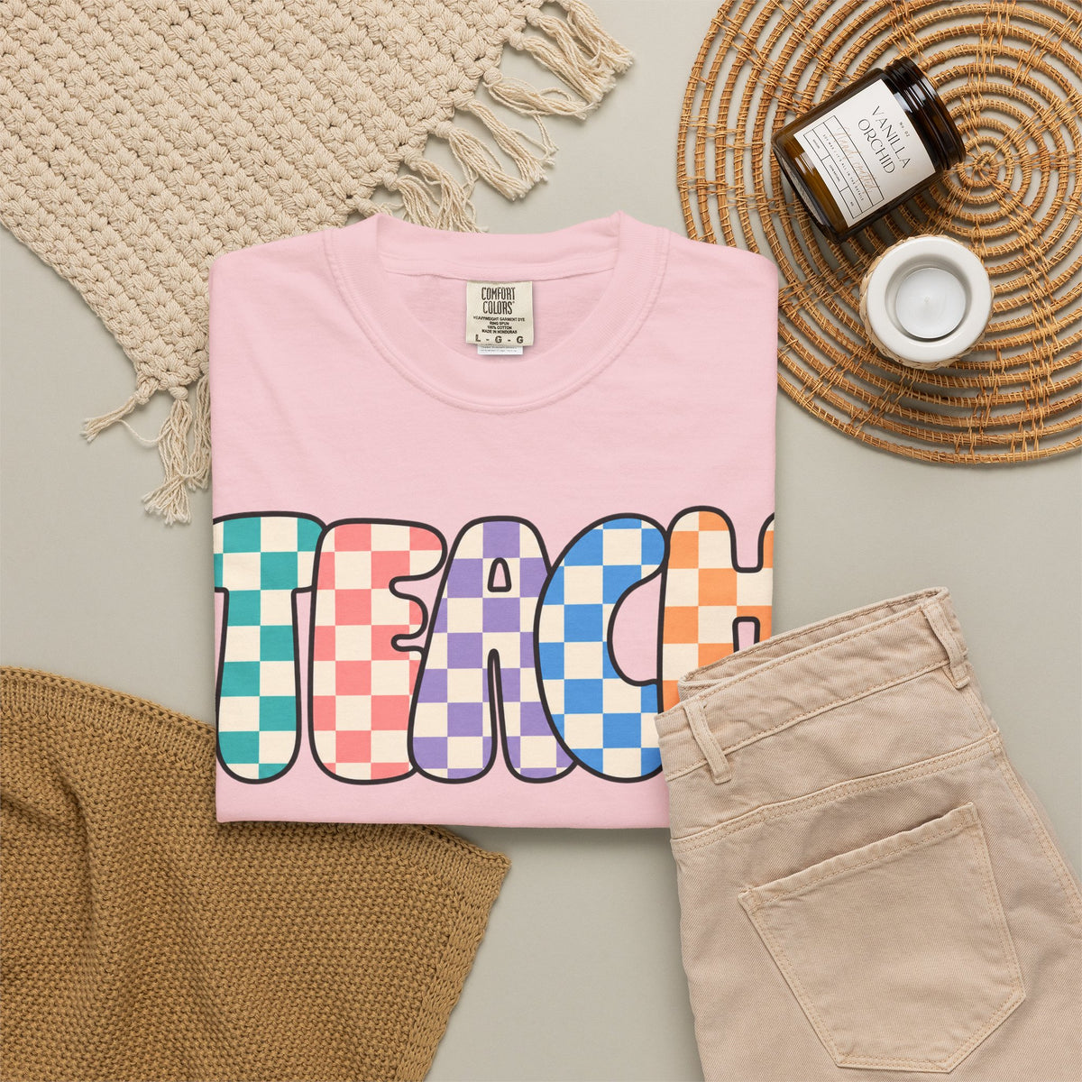 Teach Bubble Letters Checkerboard T-Shirt | Colorful Retro School Tee