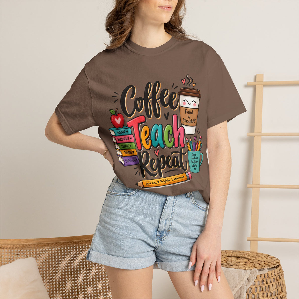 Coffee Teach Repeat T-shirt | Teacher Coffee Book Stack Pencil Mug Design