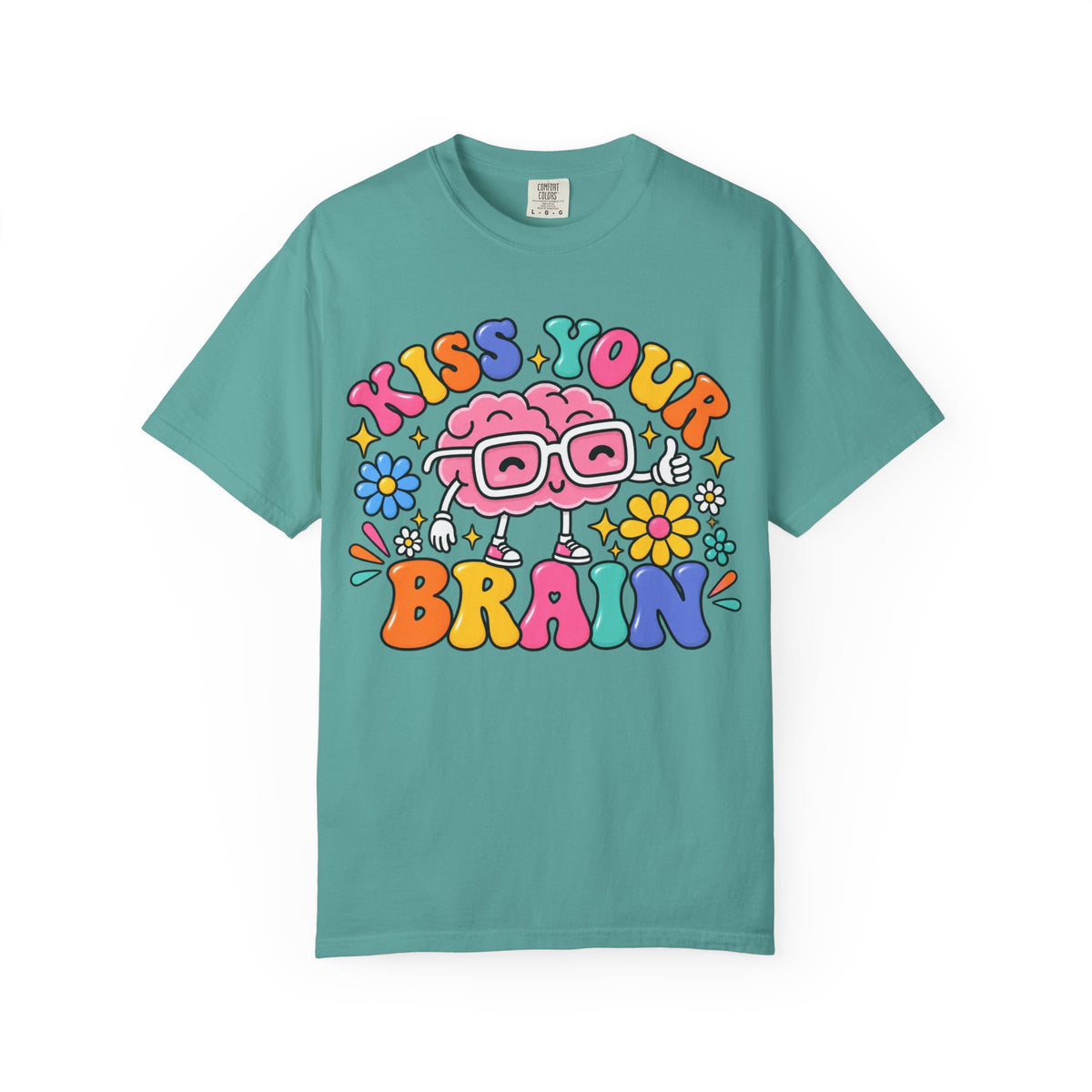 Kiss Your Brain BRI TEE | T-Shirt, Retro Cartoon Brain with Flowers