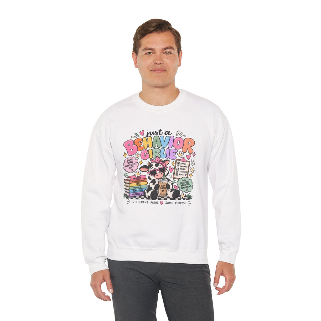 Just a Behavior Girl Crewneck Sweatshirt | Cute Cow Character, Books & Therapy Icons