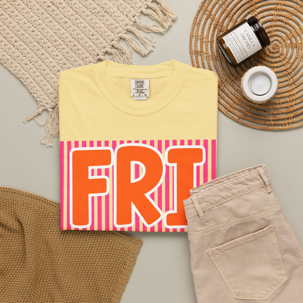FRI yay T-shirt | Bright Retro Text, Pink Stripes