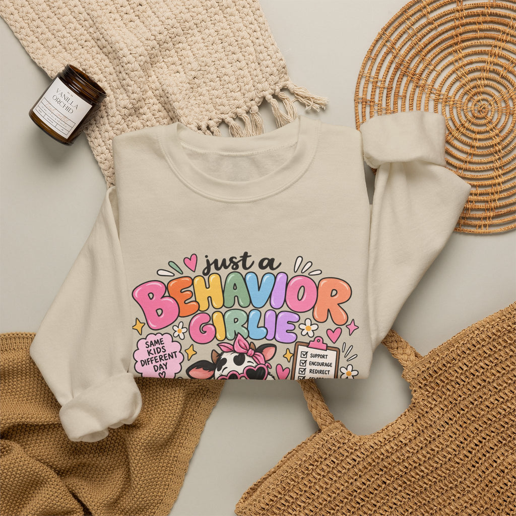 Just a Behavior Girl Crewneck Sweatshirt | Cute Cow Character, Books & Therapy Icons