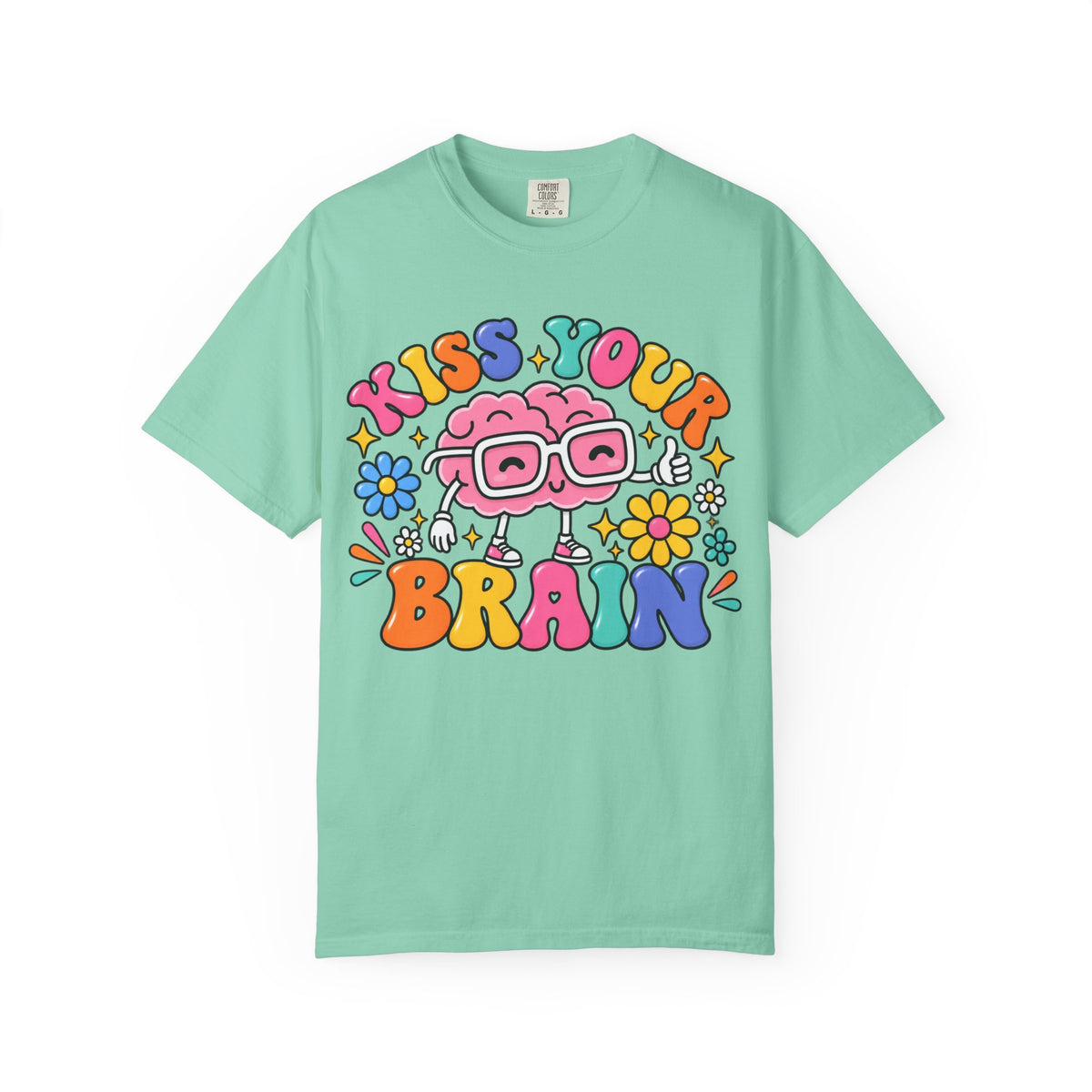 Kiss Your Brain BRI TEE | T-Shirt, Retro Cartoon Brain with Flowers