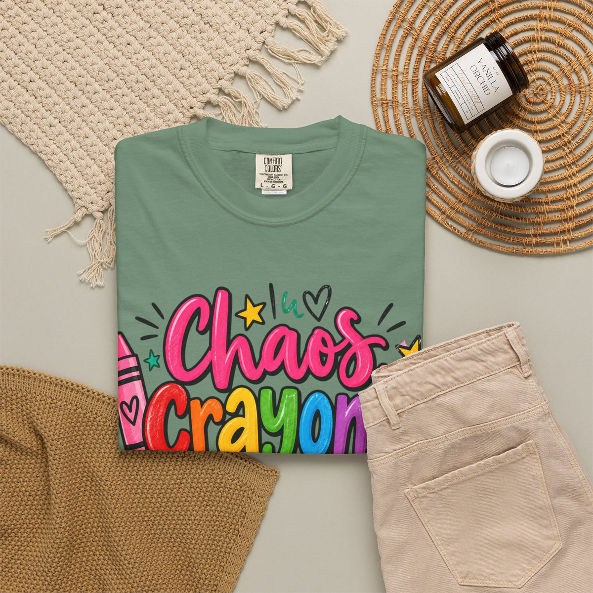 Chaos Crayons & Confidence T-shirt | Colorful Crayon School Art Tee