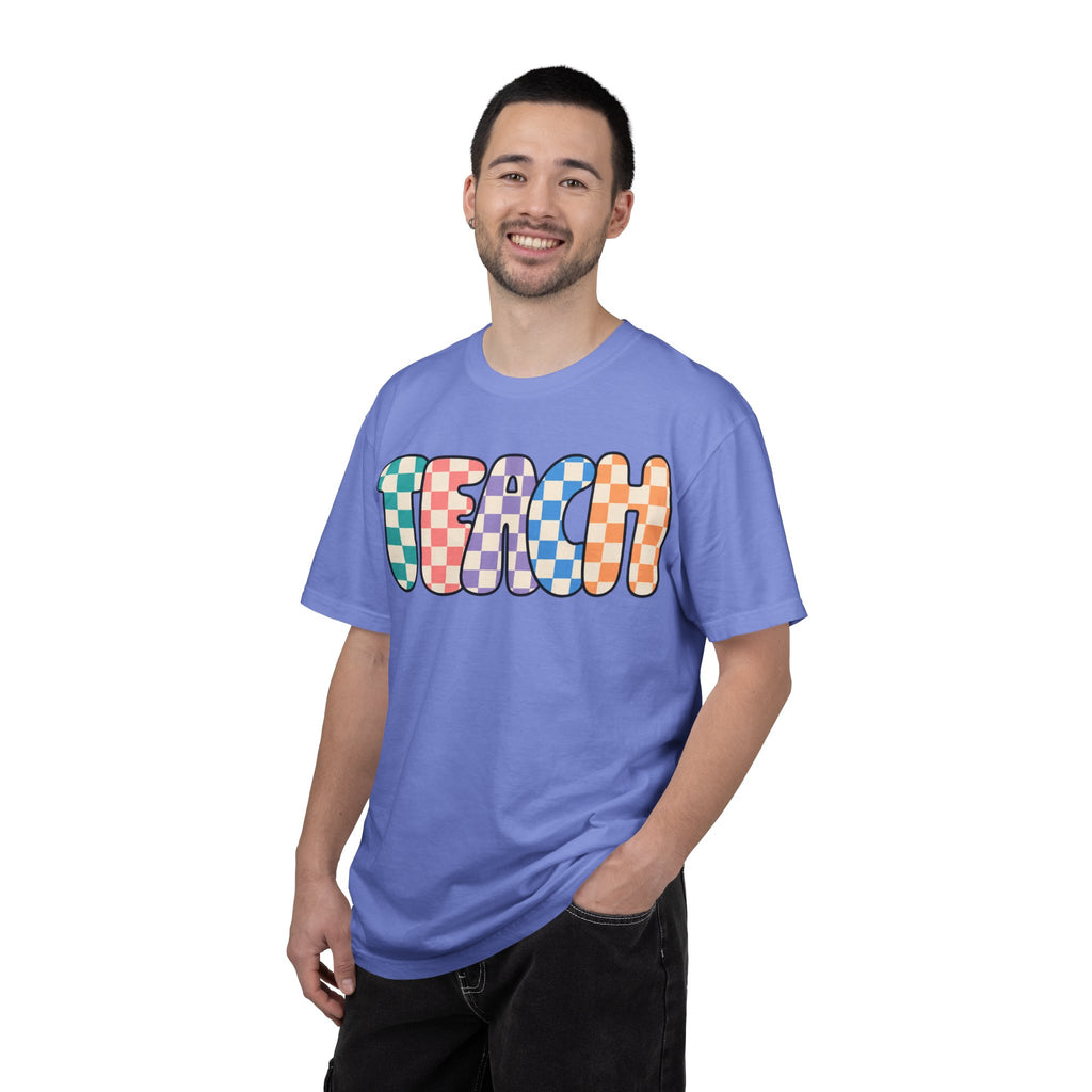 Teach Bubble Letters Checkerboard T-Shirt | Colorful Retro School Tee