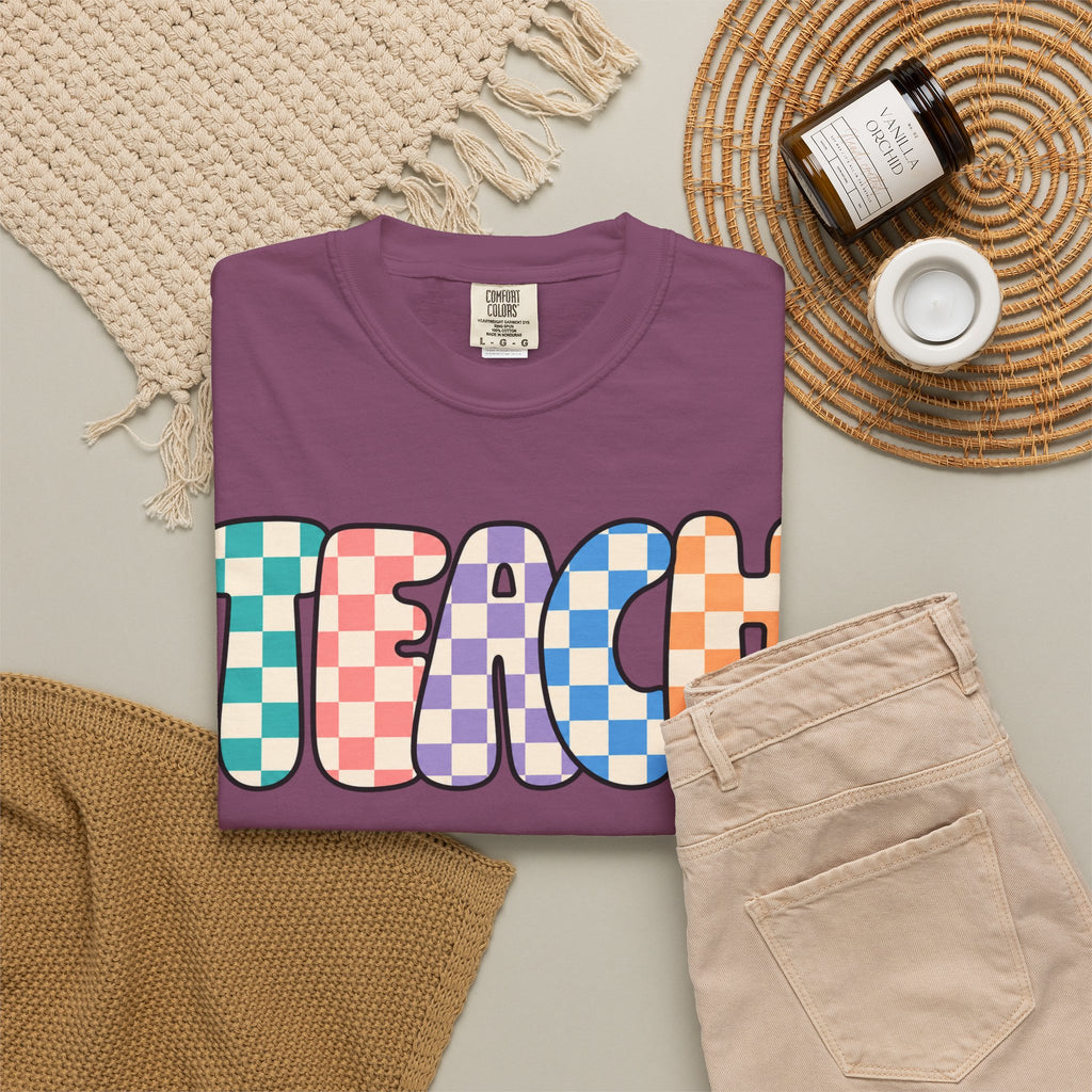 Teach Bubble Letters Checkerboard T-Shirt | Colorful Retro School Tee