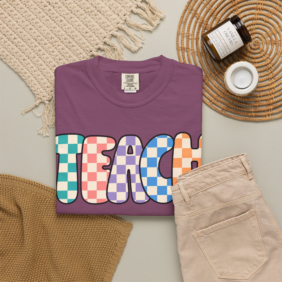 Teach Bubble Letters Checkerboard T-Shirt | Colorful Retro School Tee