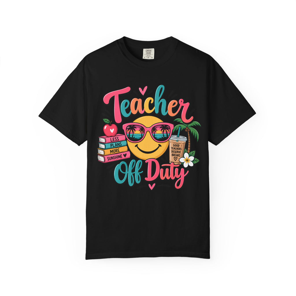 Teacher Off Duty T-shirt | Smiley Sunglasses, Books, Palm Trees, Coffee