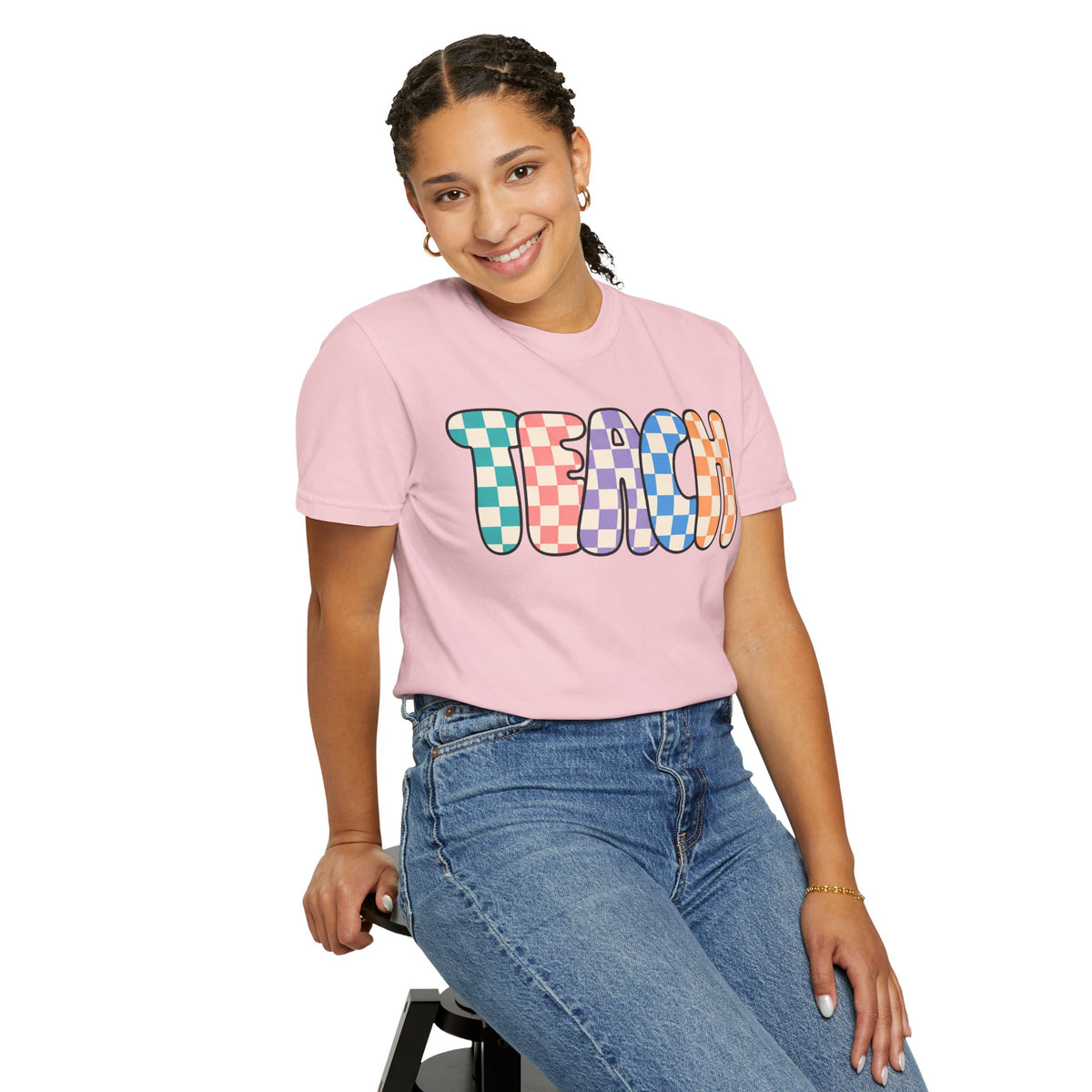 Teach Bubble Letters Checkerboard T-Shirt | Colorful Retro School Tee