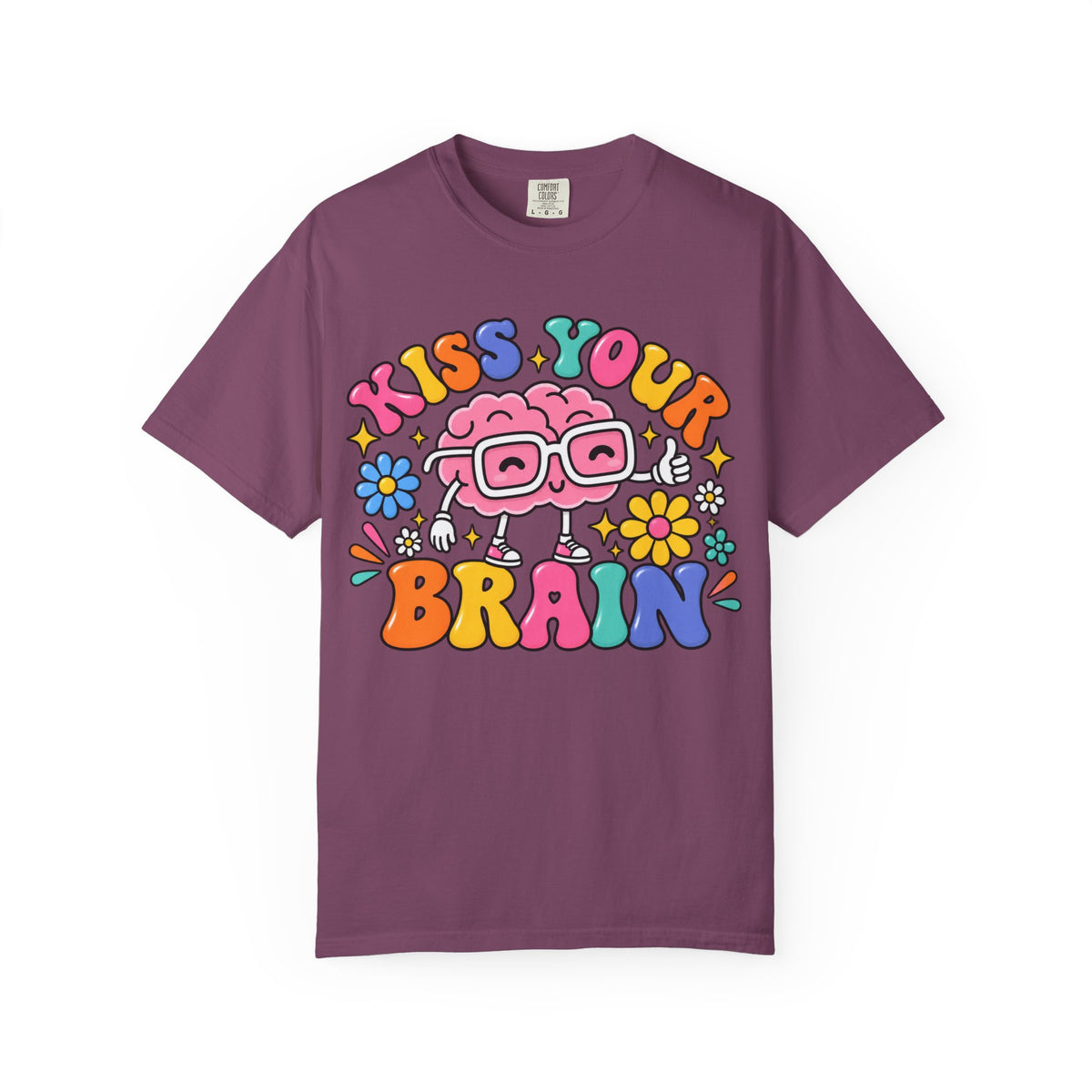 Kiss Your Brain BRI TEE | T-Shirt, Retro Cartoon Brain with Flowers