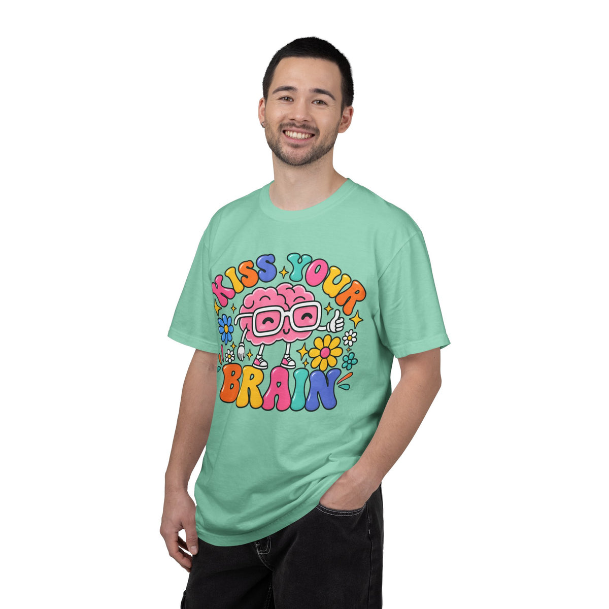 Kiss Your Brain BRI TEE | T-Shirt, Retro Cartoon Brain with Flowers